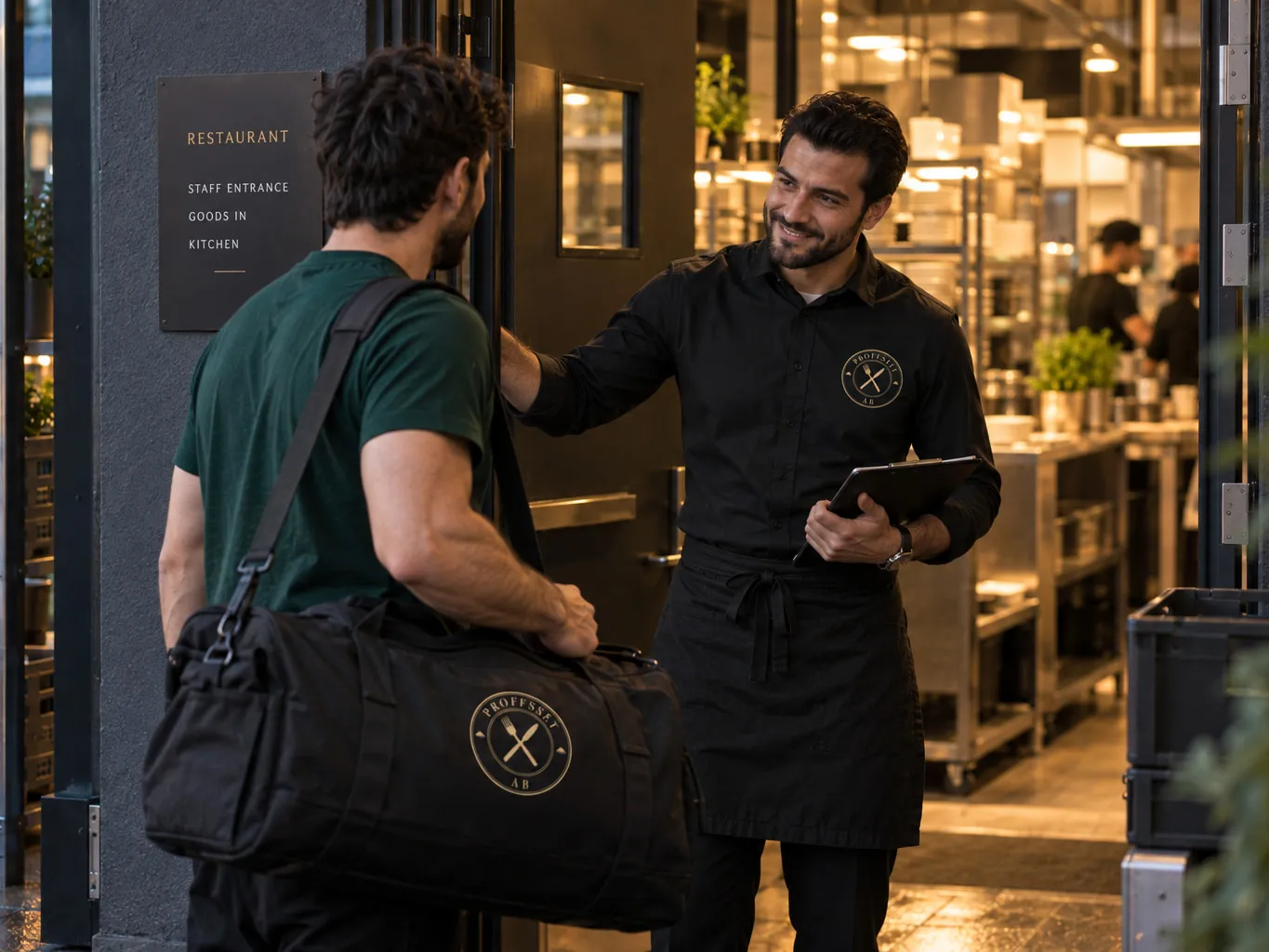 Restaurangmedarbetare med arbetsväska tas emot vid personalingången av restaurangens chef