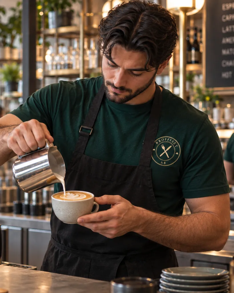 Barista som häller mjölkskum i en kopp bakom en bardisk