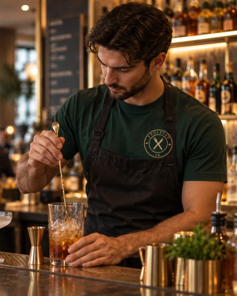 Bartender som rör ihop en drink bakom en bardisk med mässingsdetaljer