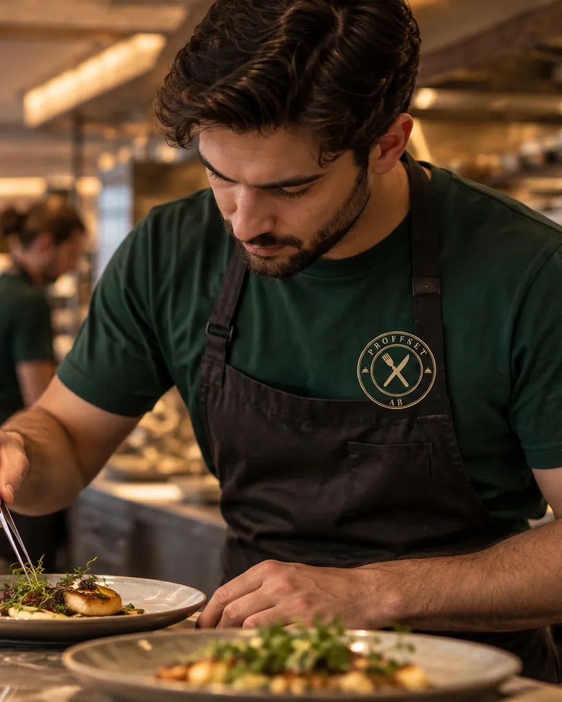 Kock som lägger upp en rätt vid passet i ett öppet restaurangkök