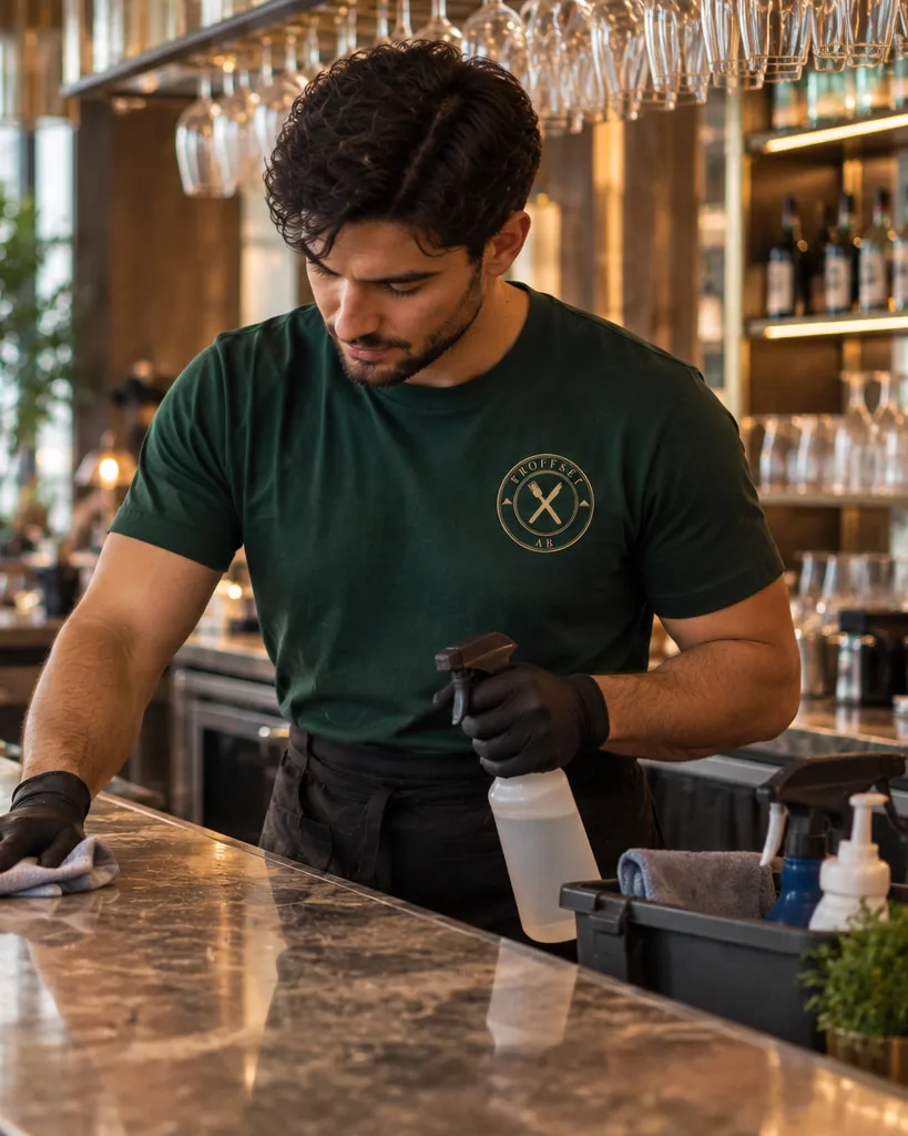 Städare som torkar av en bardisk i en restaurang före öppning
